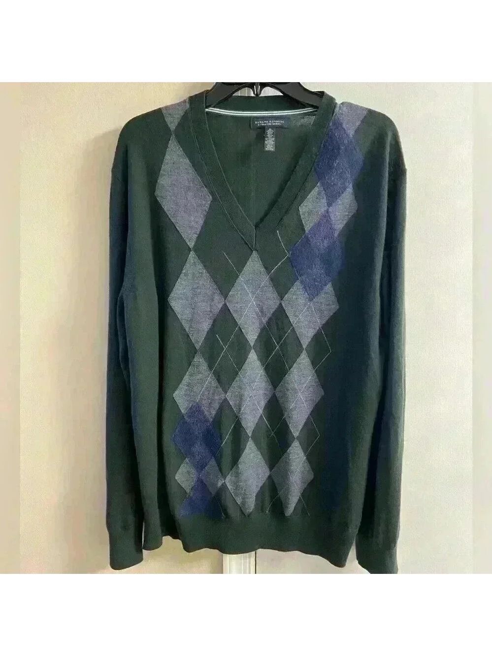 Banana Republic sweater men v neck pullover argyle extra‎ fine merino wool XL